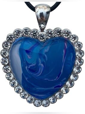Hand Crafted Necklace Blue White Fluid Art Heart Shaped Pendant